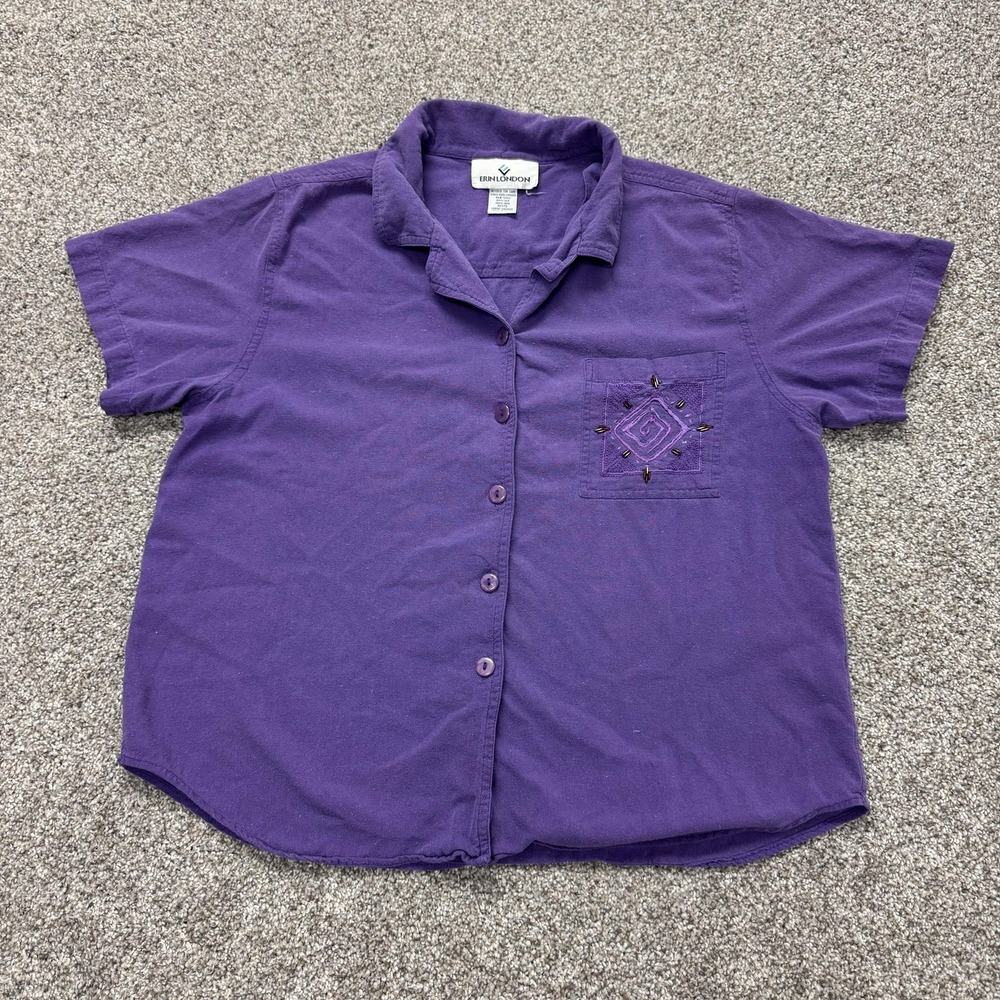 Erin London Blouse Womens Petite L Purple Silk Beaded Embroidered Button Up